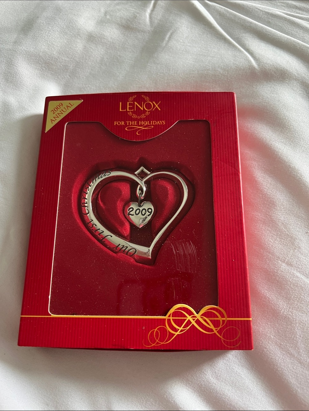 Lenox Silver Heart Ornament with Red Box Accent